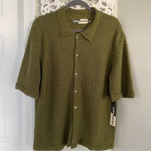 Luca Mateo Textured Olive Collared Button Up Open Knit Boxy Shirt size L NWT